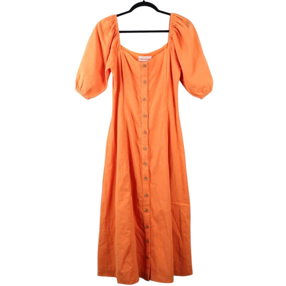 Urban Outfitters Maria Puff Sleeve Button-Front Midi Dress Size Small Orange